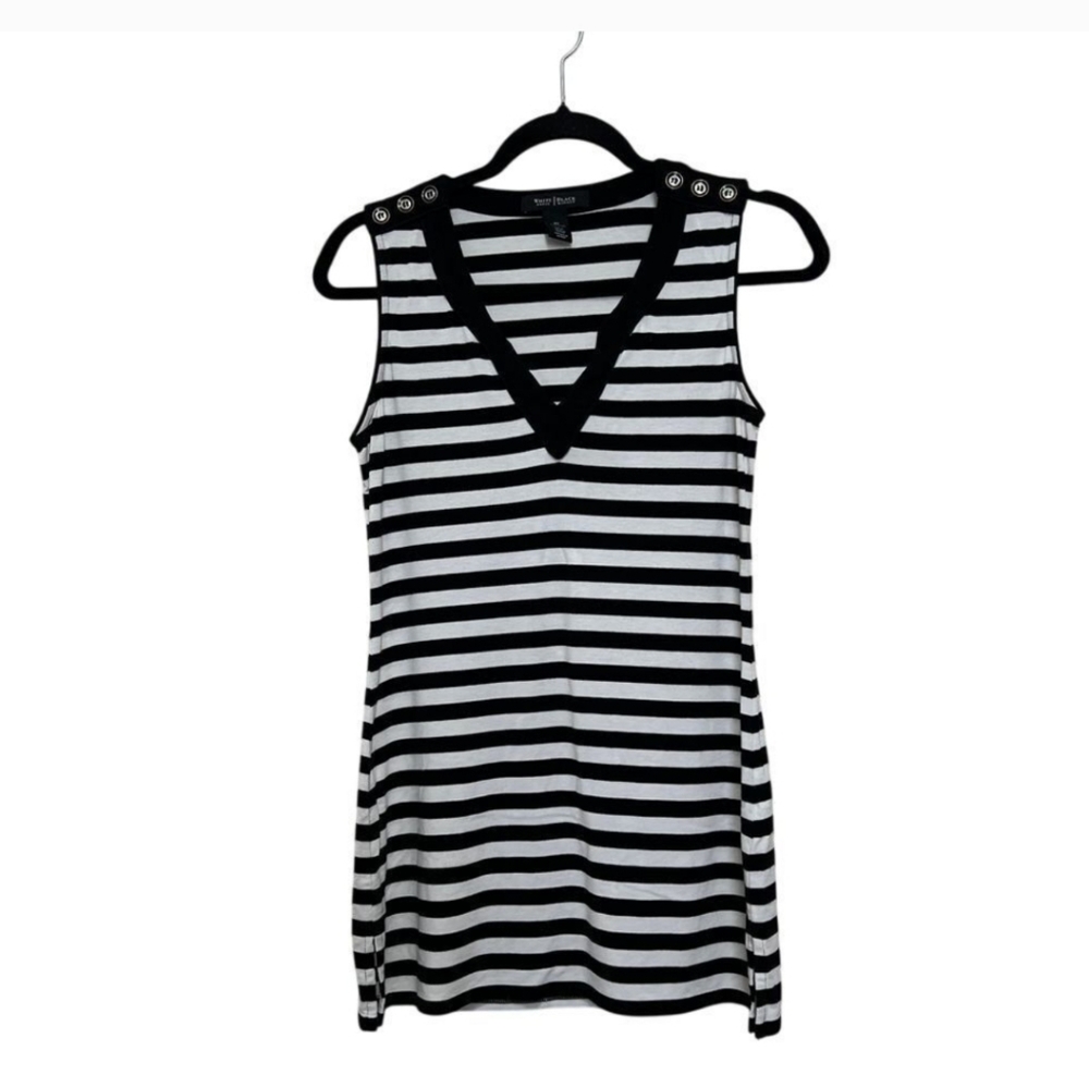 White House Black Market Black & White Striped V-Neck Tank M